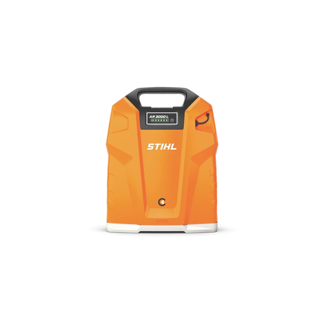 Orange portable backpack battery pack with handle and digital display for tools and home improvement use