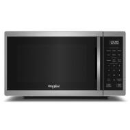Stainless steel countertop microwave with digital touch controls, white LED display, and 10 power levels in modern kitchenware collection