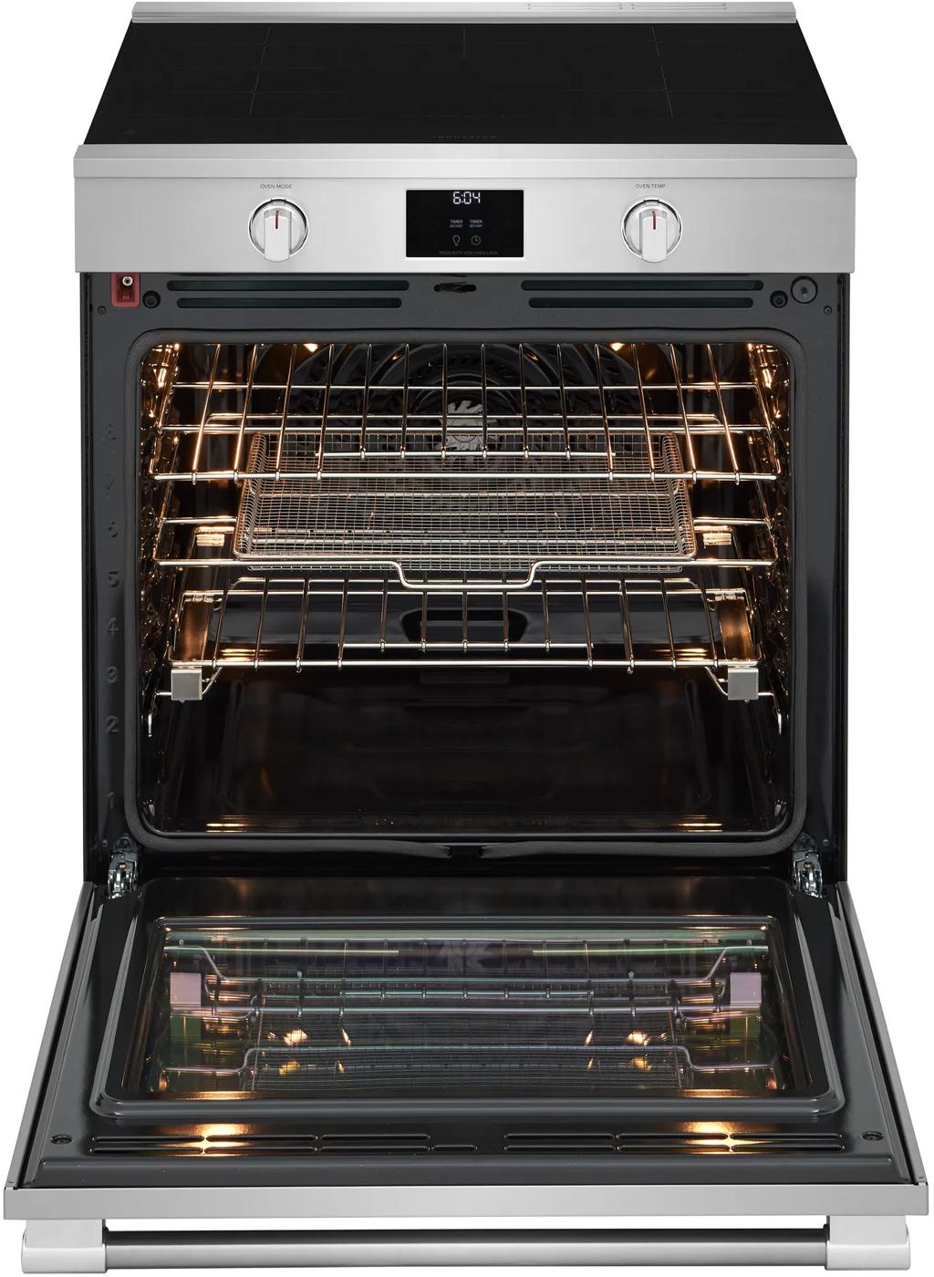 Open stainless steel induction range with total convection oven interior and digital control panel above door