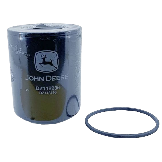Black cylindrical oil filter with John Deere logo alongside a circular rubber gasket for equipment maintenance