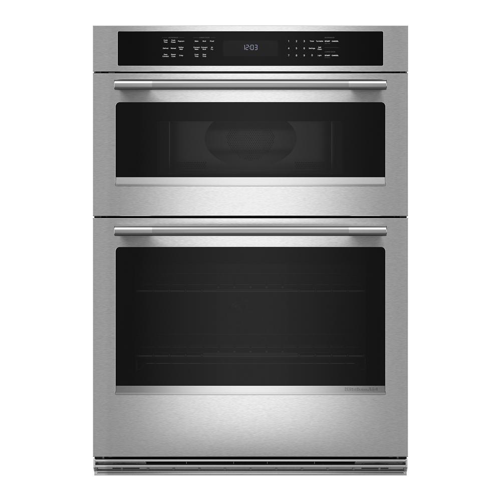 Stainless steel 30-inch electric combo wall oven with digital controls in KitchenAid appliances at Hartville Hardware