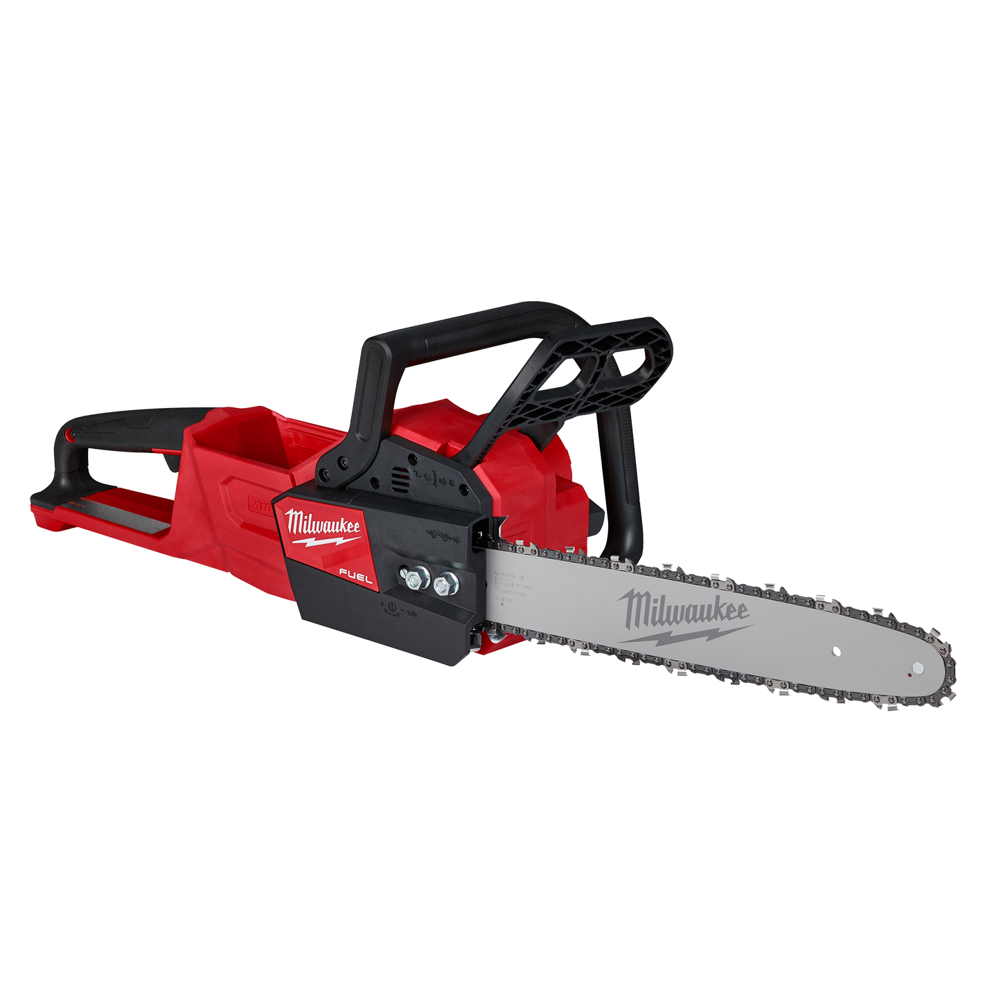 Red and black cordless 14-inch chainsaw with brushless motor for outdoor power equipment and lawn and garden tools collections