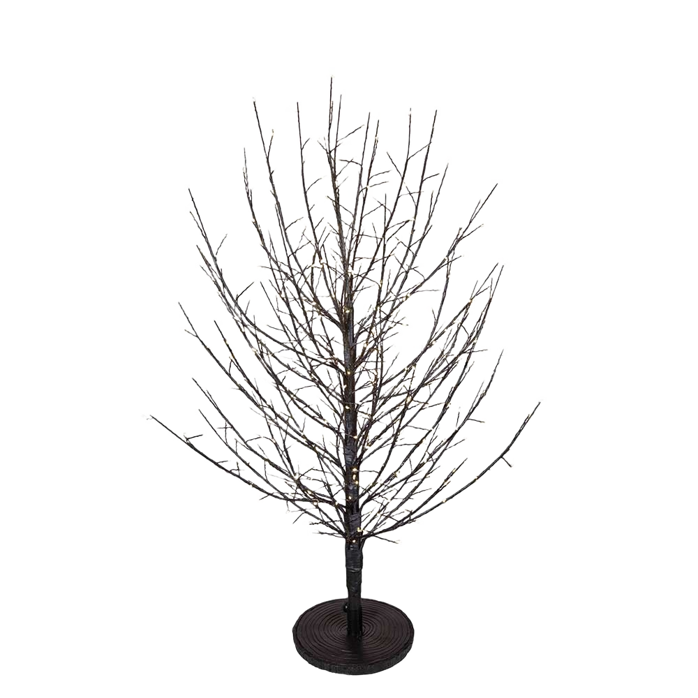Dark brown twig tree with warm white cluster lights on round black base for Christmas decoration