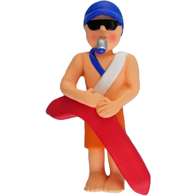 Personalized male lifeguard ornament wearing blue swim cap and sunglasses holding red rescue buoy for Christmas decor