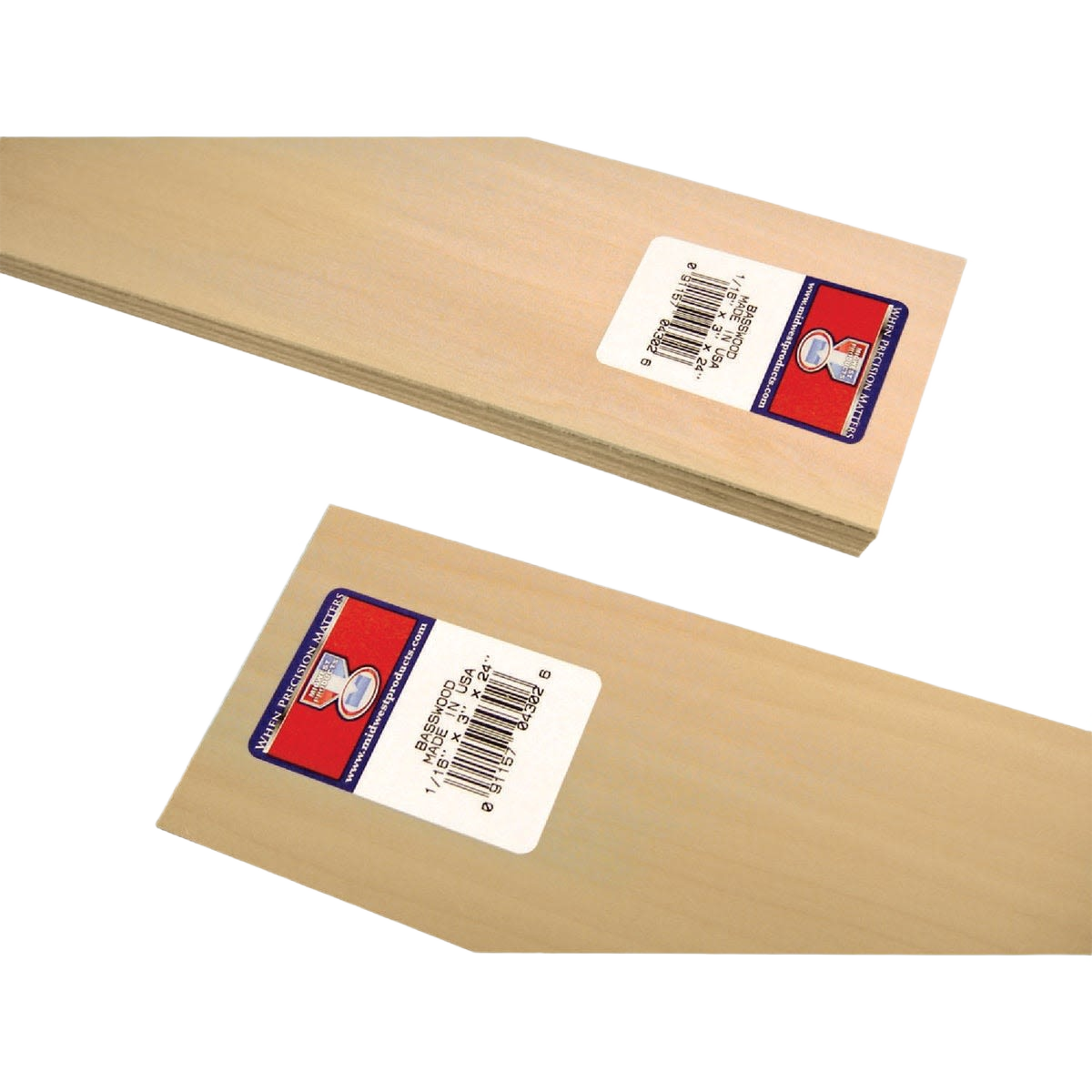 Two unfinished basswood boards with product labels, suitable for home improvement and craft projects