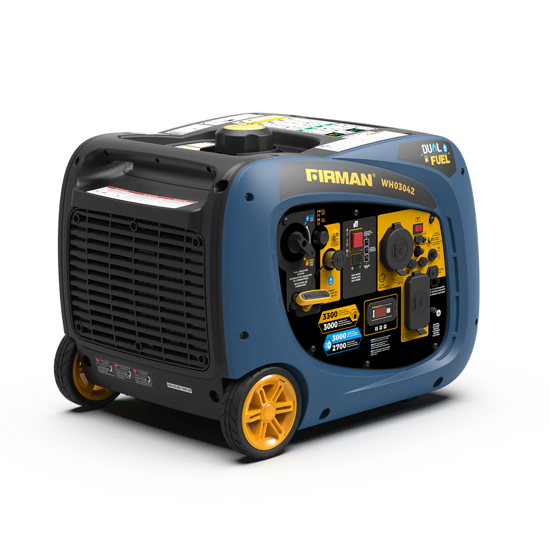 Blue and yellow dual fuel portable inverter generator with electric start and wheels for tools and home improvement use