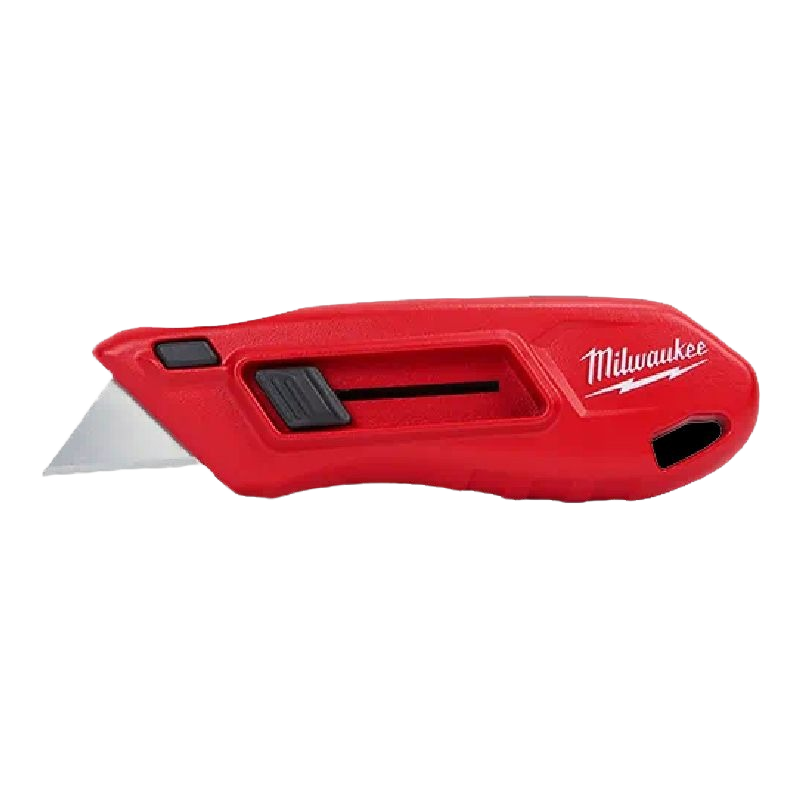 Compact red utility knife with side slide button for controlled blade retraction in hand and woodworking tools under $50 collection