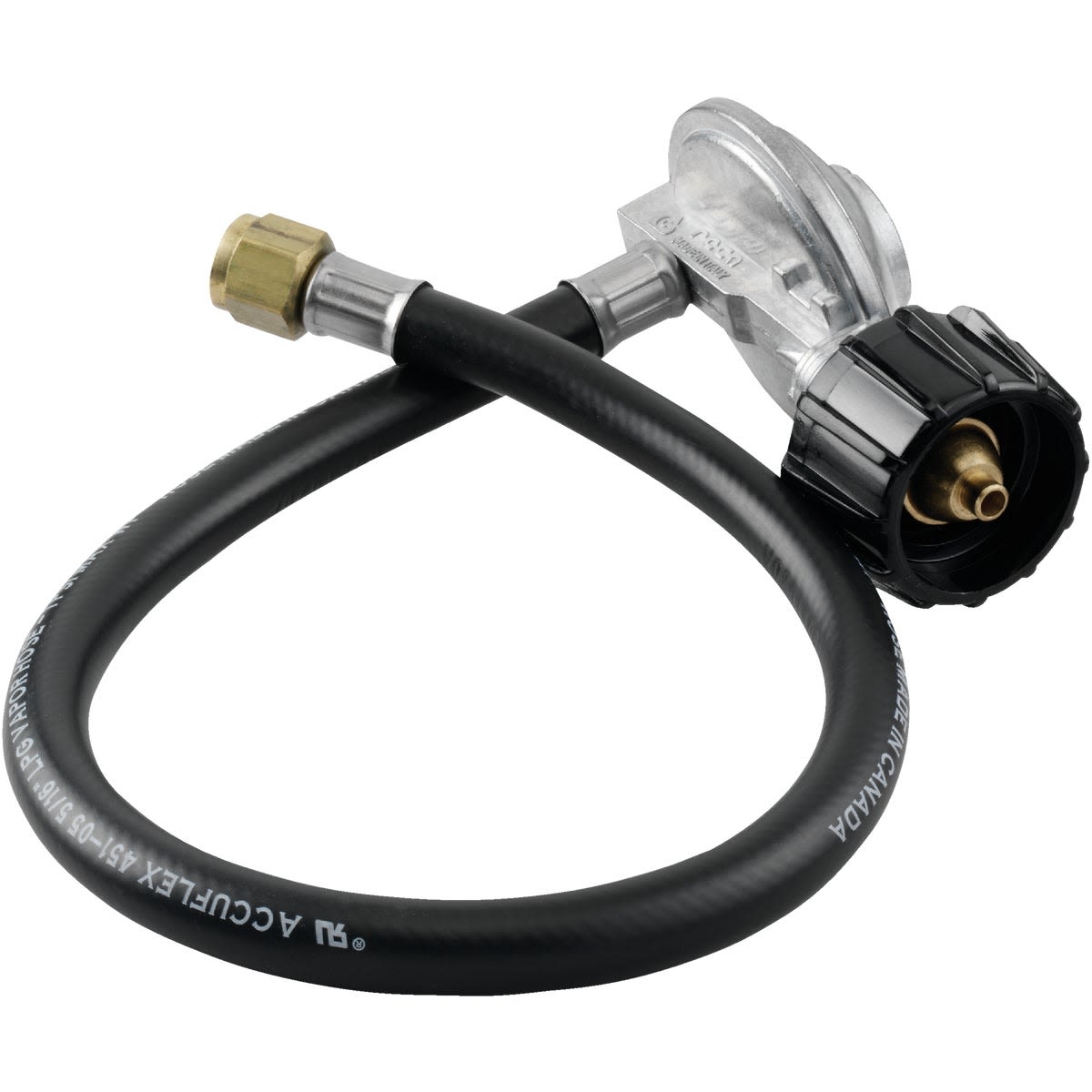 Flexible black rubber propane hose with metal regulator and brass fitting for grill accessories and outdoor living collections
