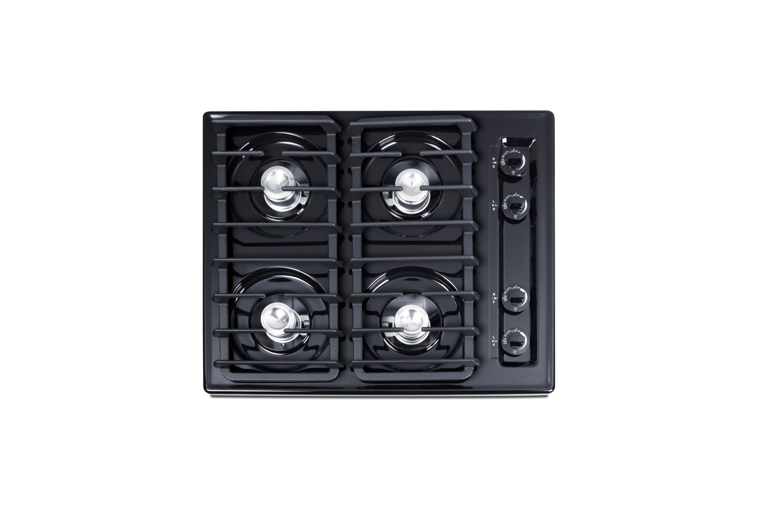 24-inch black 4-burner gas cooktop with sturdy cast iron grates, suitable for compact kitchens in Cooktops and Appliances collections.
