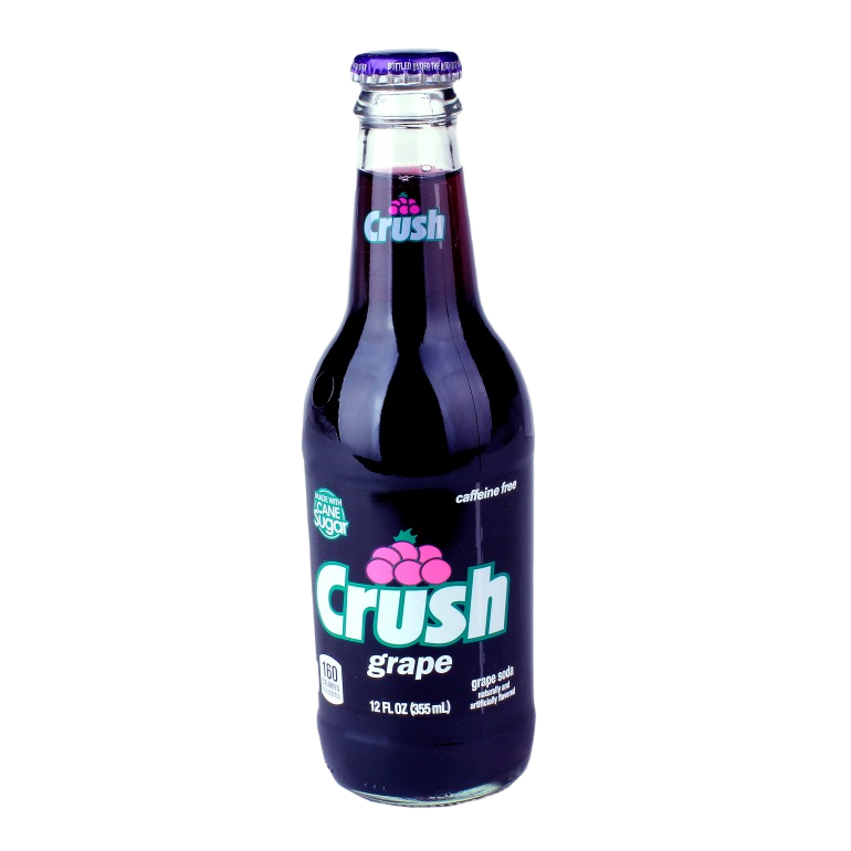 Glass bottle of grape soda with purple cap and Crush logo on label for refreshing beverage enjoyment