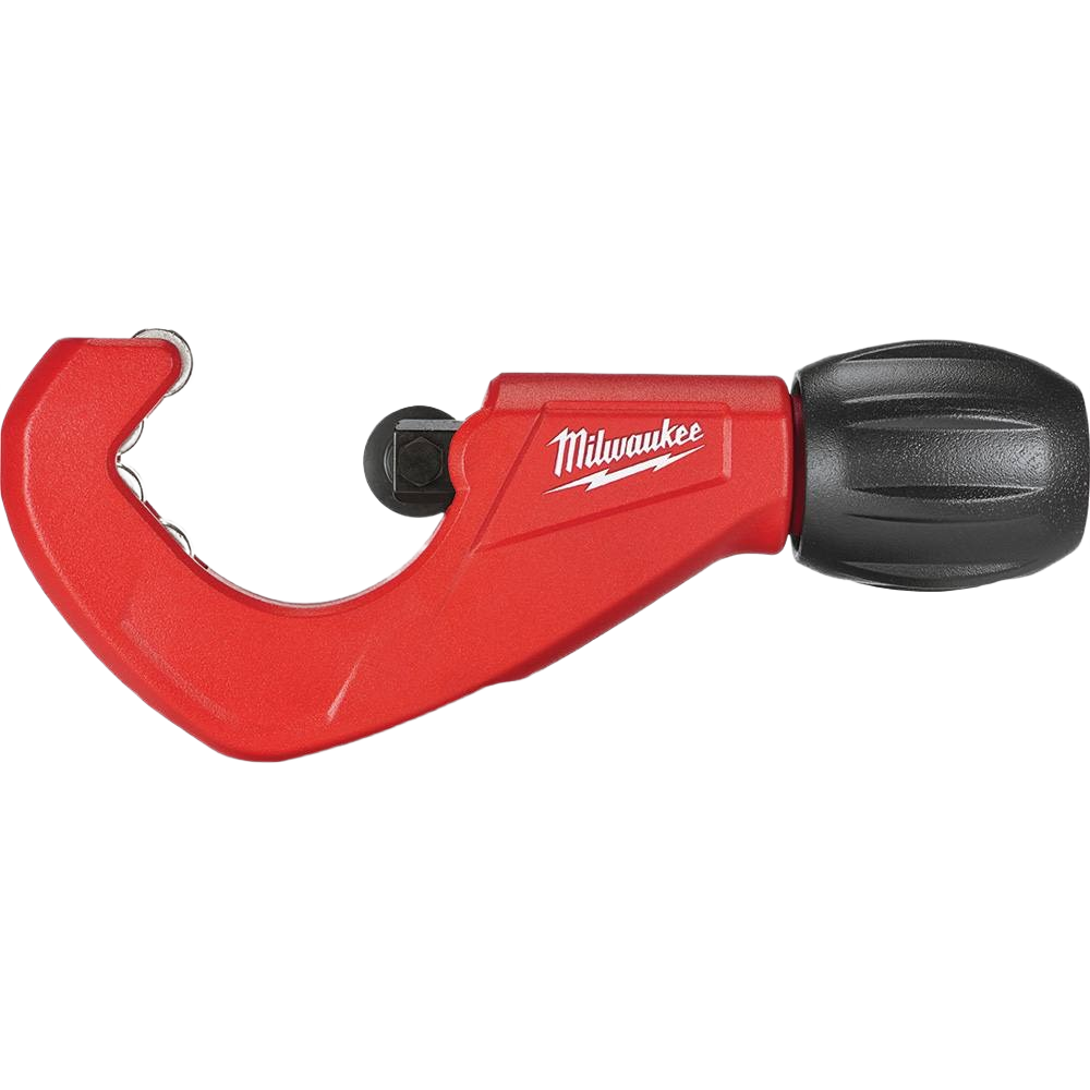 Red constant swing tubing cutter with black adjustable knob and four rollers for precise plumbing and home improvement use