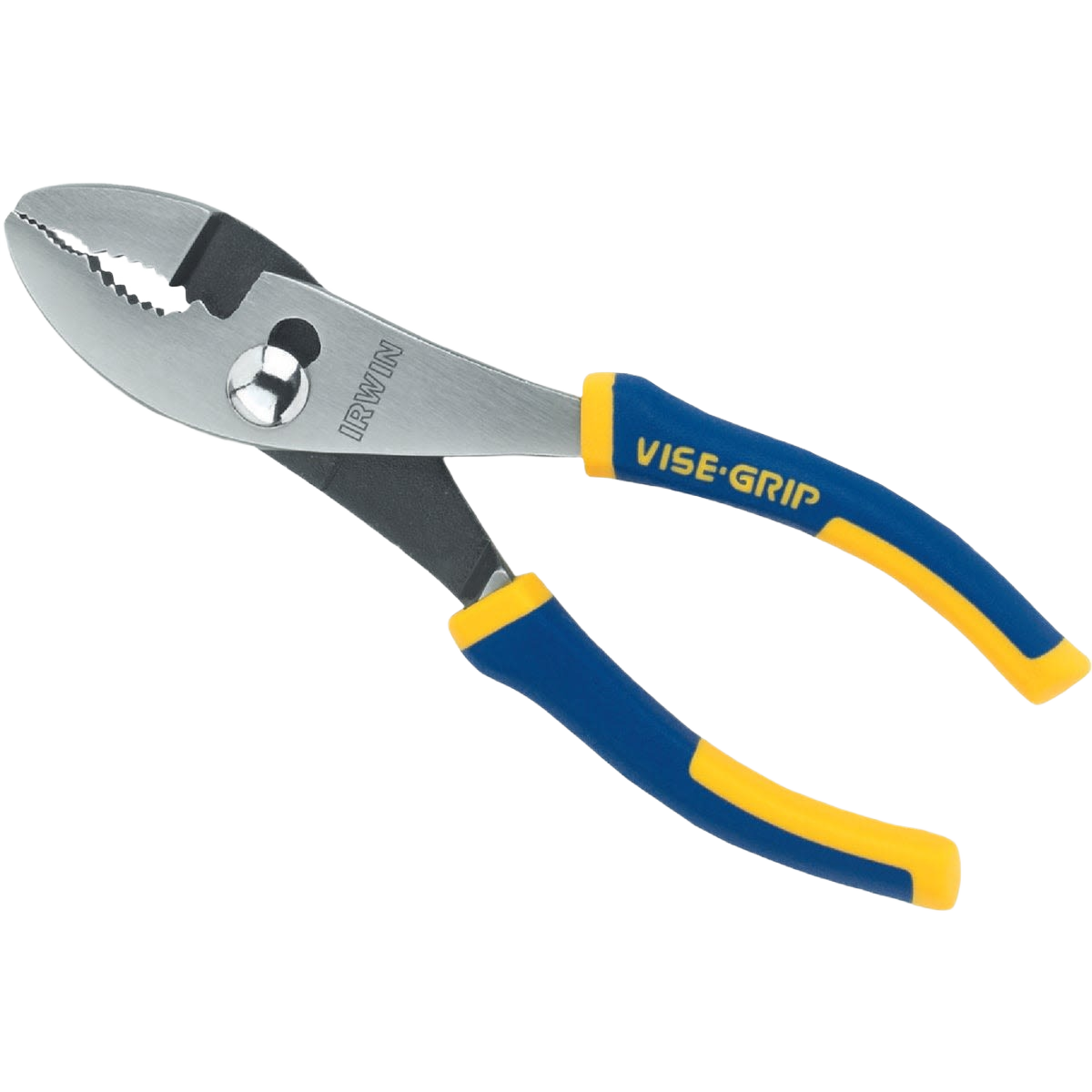Blue and yellow slip joint pliers with steel jaws for household repairs and tools and home improvement projects