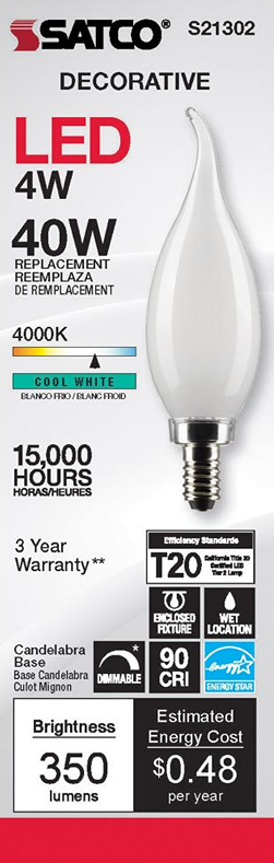 LED candelabra base bulb with frosted flame tip and cool white 4000K light for energy-efficient home lighting