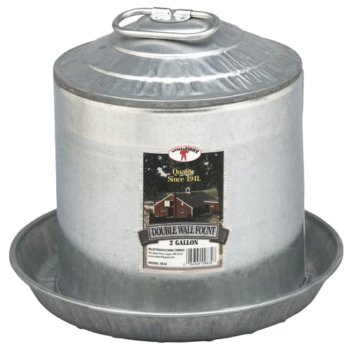 Galvanized metal poultry fountain with double-wall construction and handle, designed for farm and livestock watering under $50.