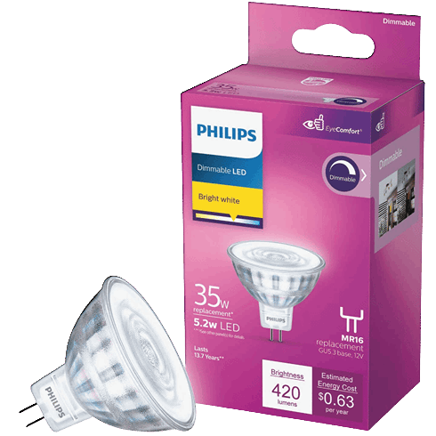 Philips dimmable LED spotlight bulb with bright white light, energy-efficient replacement for MR16 GU5.3 fixtures