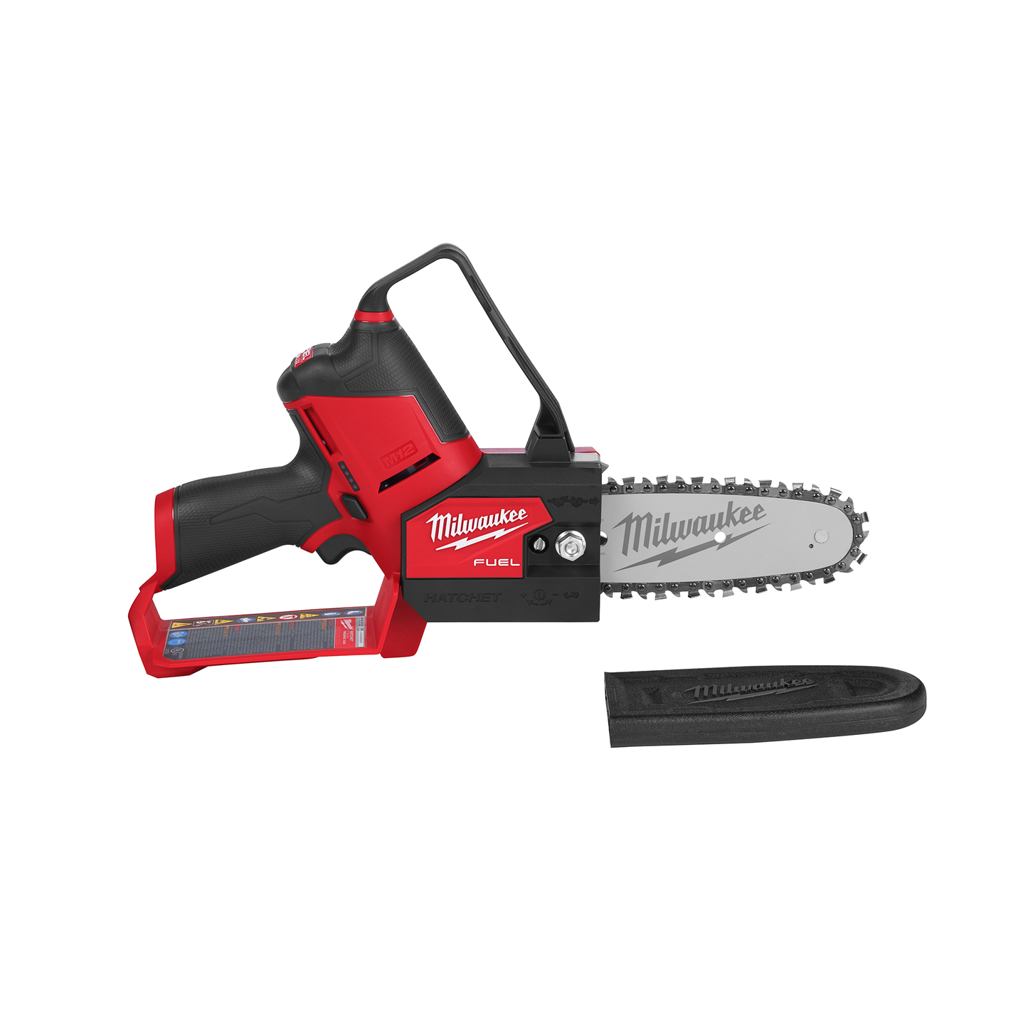Cordless compact red and black pruning saw with sharp chain blade and protective cover for home improvement tasks