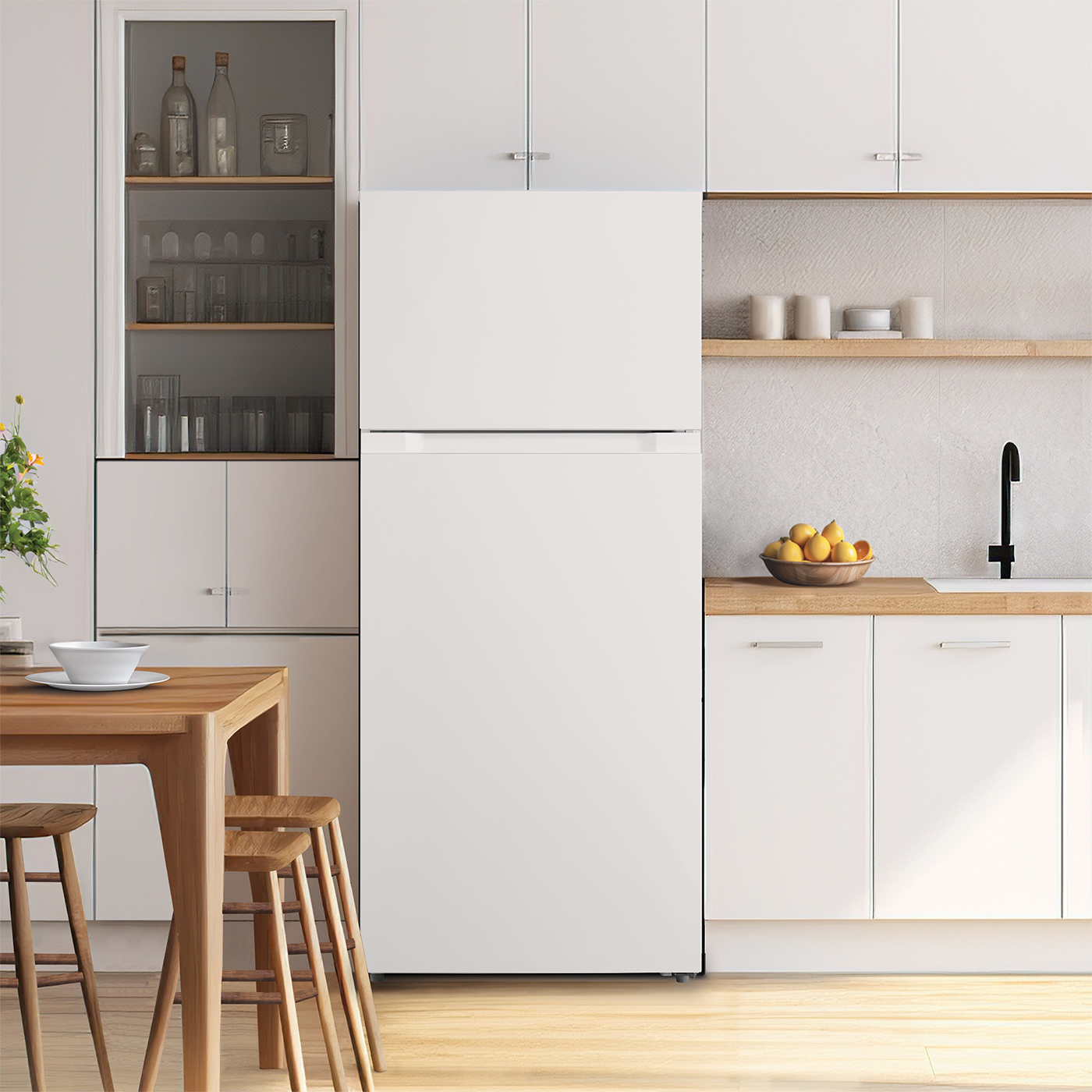 White top freezer refrigerator in modern kitchen with wood dining table and light cabinetry for home improvement
