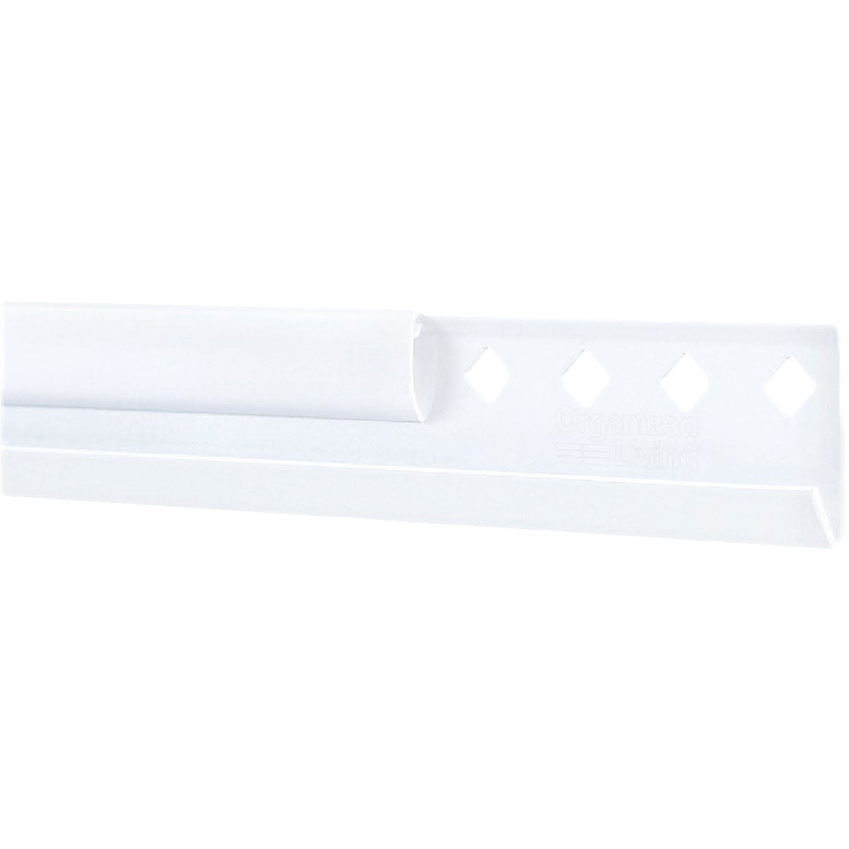 White epoxy-coated heavy-gauge steel hanging rail with rosette anchor for secure wall mounting in storage and organization projects