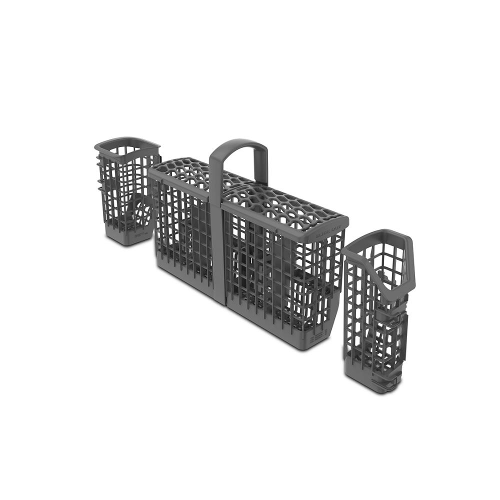 Dark gray plastic dishwasher utensil basket with handle and separate compartments for cutlery and small items