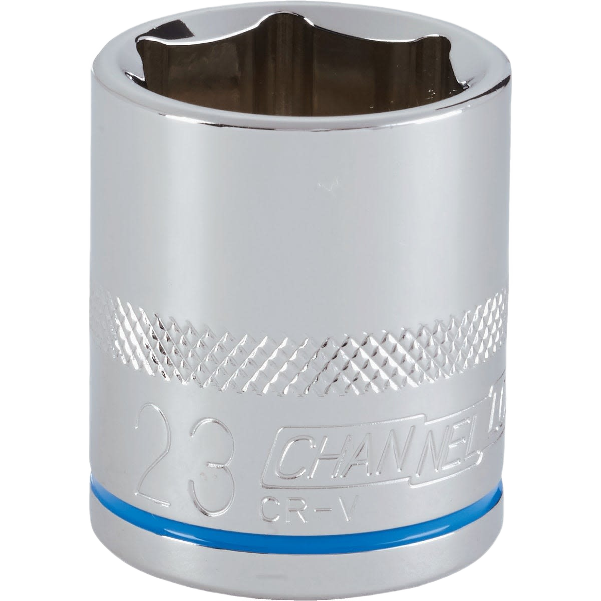 Polished shallow 6-point 23mm socket with color band for easy metric size identification in hand tools collection