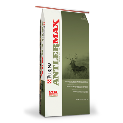 Bag of Purina AntlerMax Deer 20 with Climate Guard nutrition supplement for deer feed and growth support