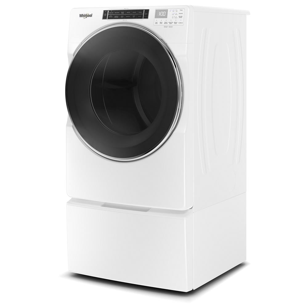White front load gas dryer with large dark glass door and digital control panel in Dryers and Appliances collections