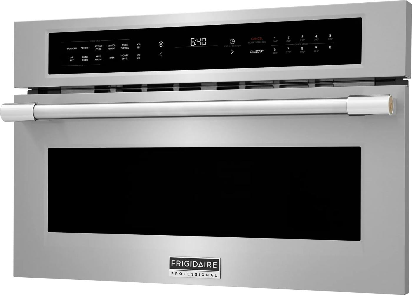 Built-in stainless steel convection microwave with air fry feature and digital control panel in kitchen appliances collection
