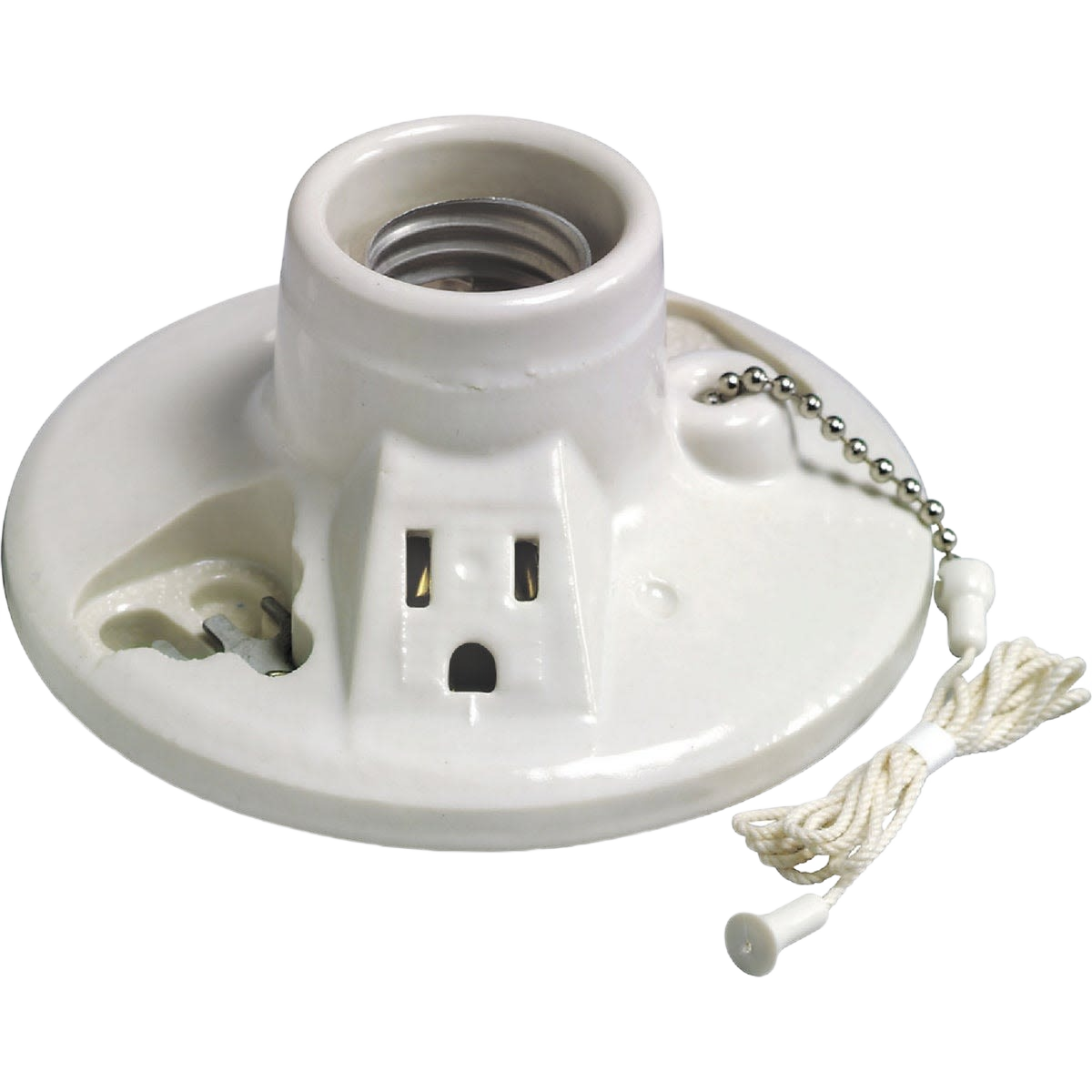 White porcelain lampholder with pull chain switch, suitable for incandescent bulbs in lighting and electrical projects under $50 collections