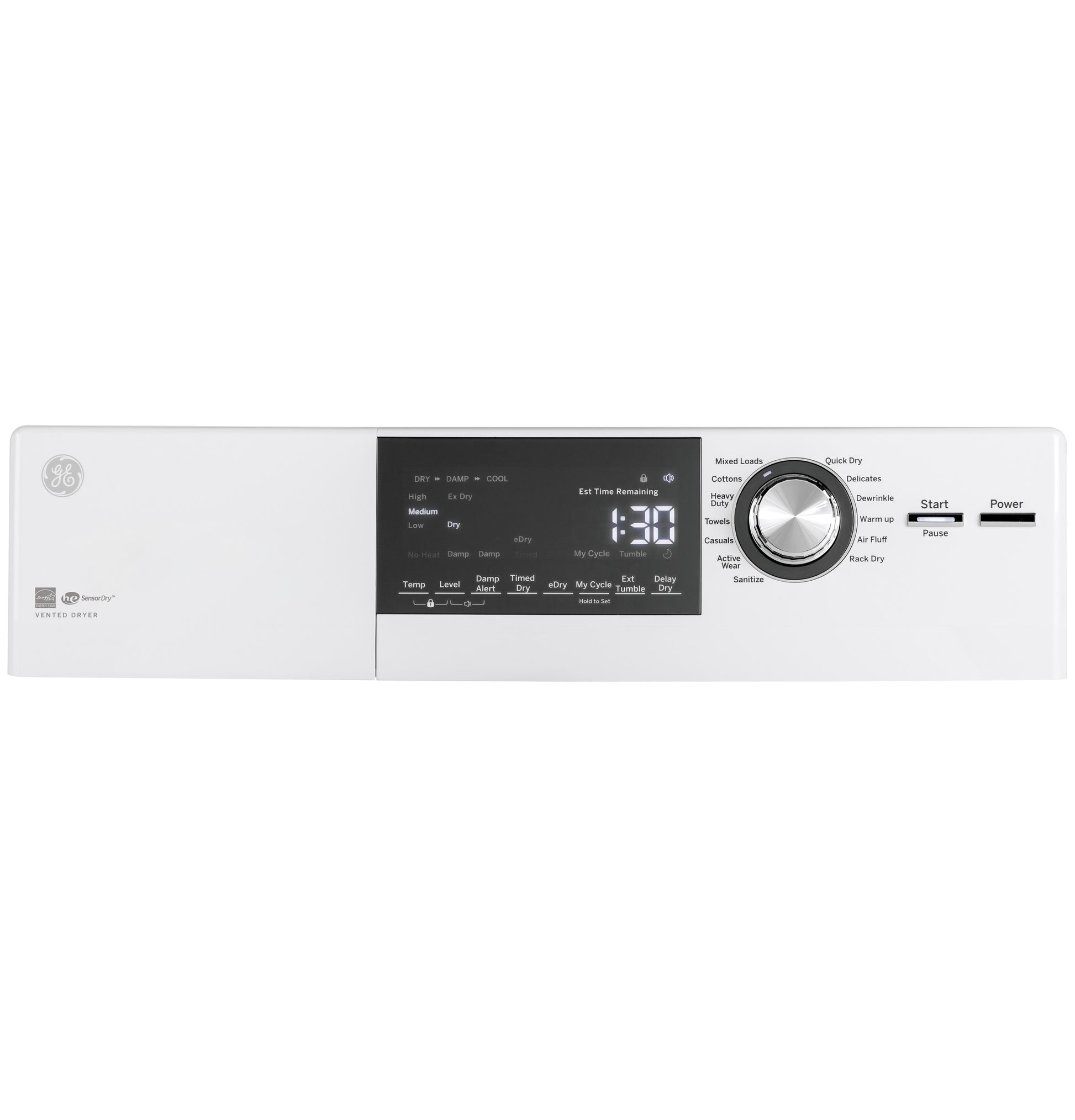 White electric dryer control panel with digital display and silver dial for cycle selection in Dryers and Appliances collections