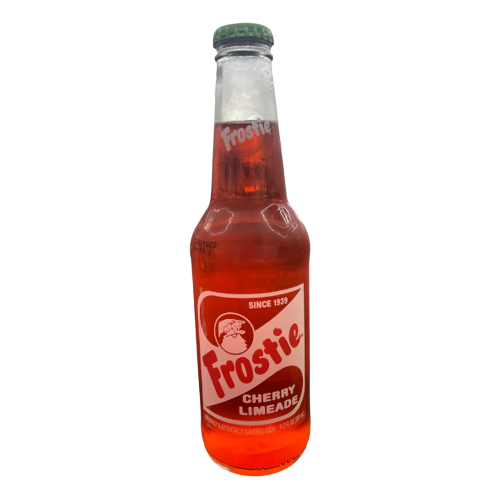 Glass bottle of Frostie Cherry Limeade soda with red liquid and vintage-style label design