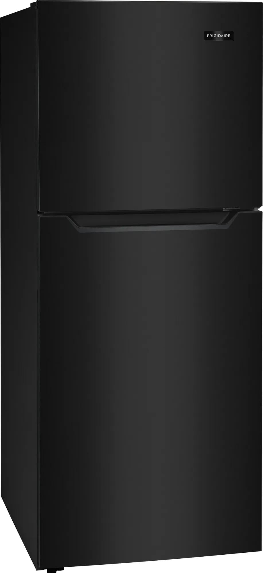 Matte black top freezer refrigerator with smooth doors and recessed handles for modern kitchen and appliance use