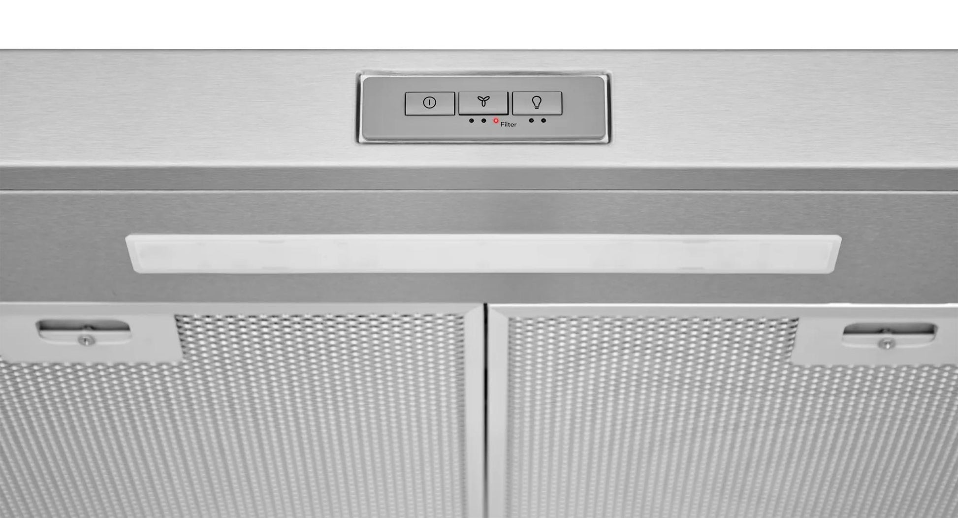 Stainless steel undercabinet ventilation hood with LED light and filter indicator in kitchen appliances collection