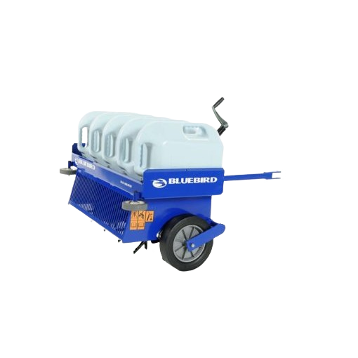 Bluebird blue towable aerator with four white water tanks, hand crank, and durable wheels, part of Rental Equipment at Hartville Hardware for landscaping and home improvement tools.
