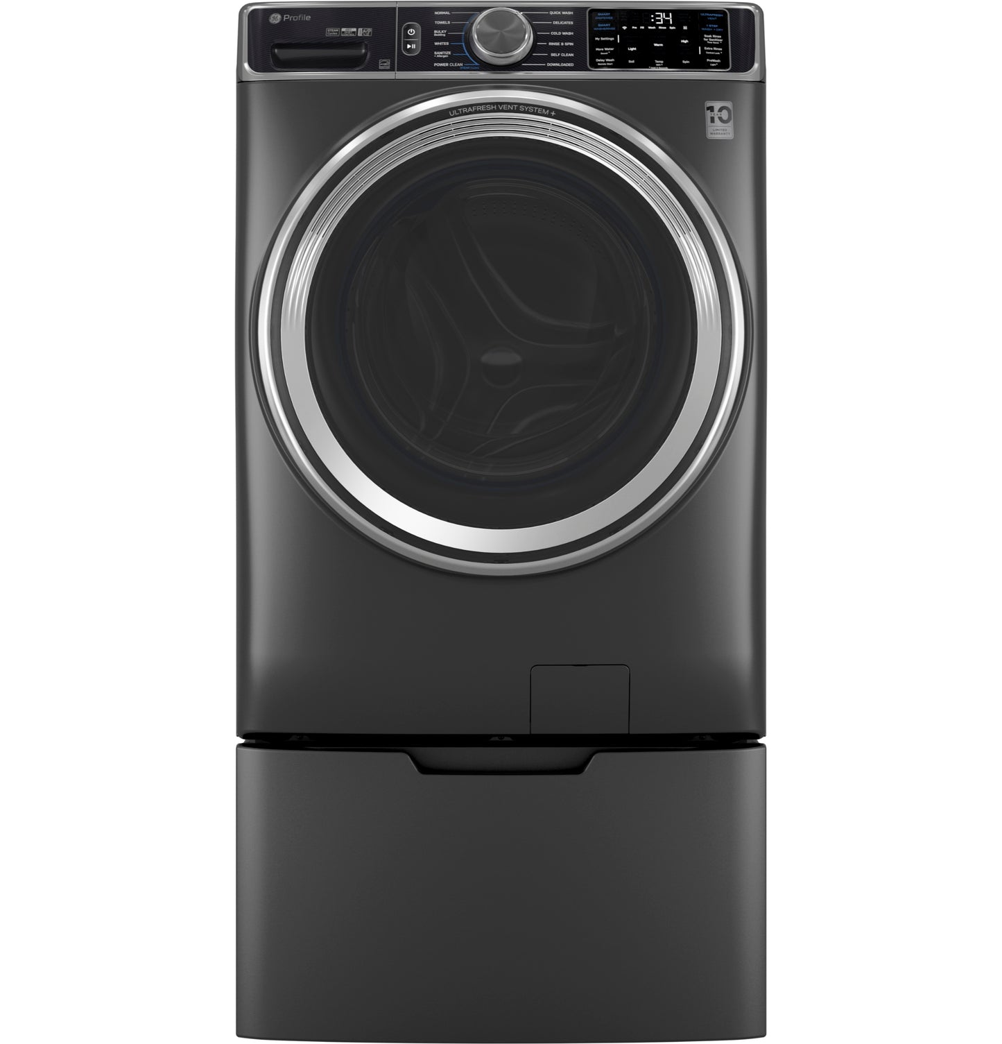 Dark gray front-load washer with digital controls sitting on matching pedestal from appliance parts and accessories collection