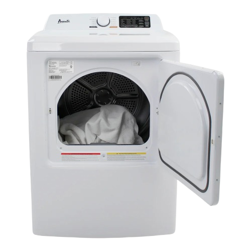 Front view of white natural gas dryer with open door and laundry inside in Dryers and Appliances collections