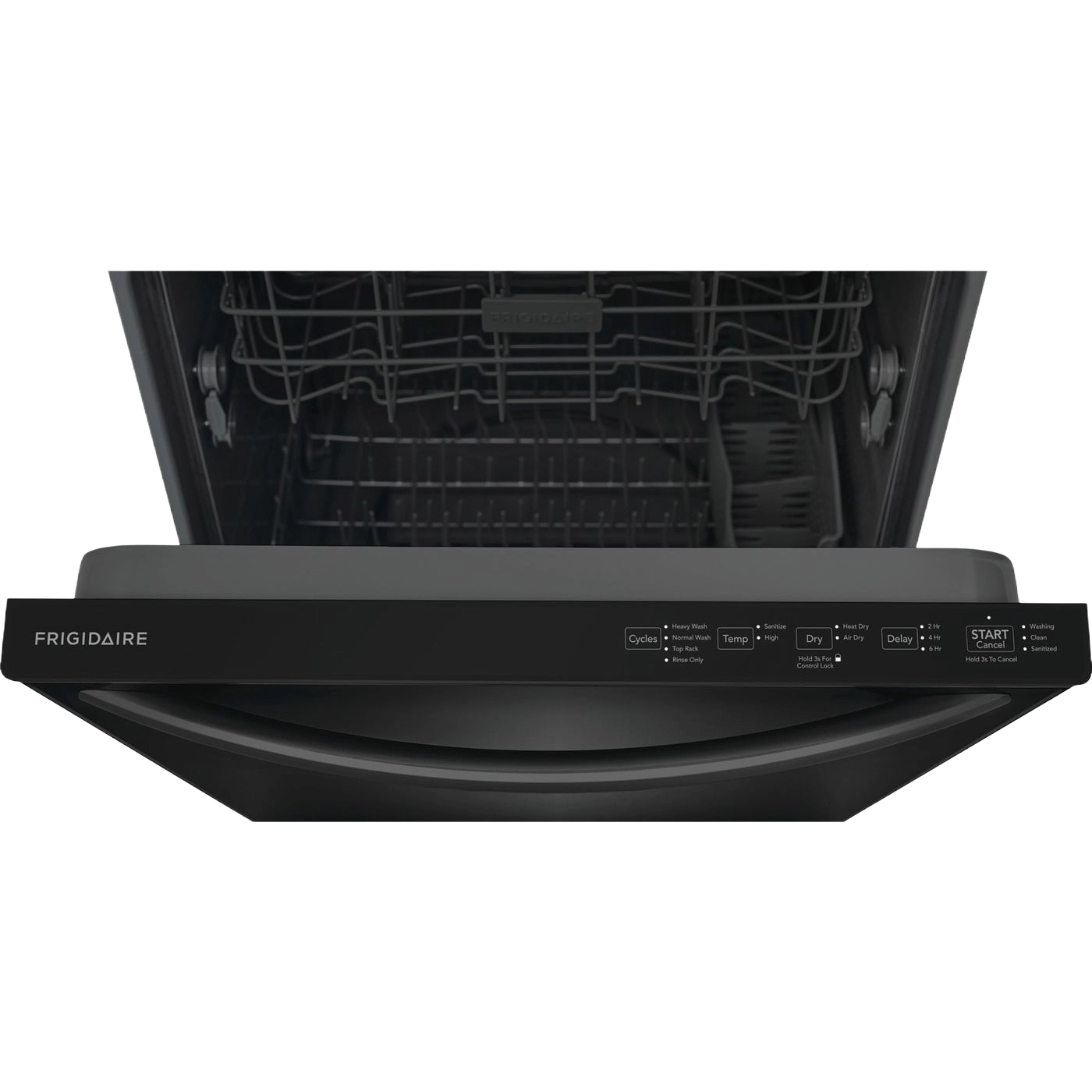 Black built-in dishwasher with control panel and open door revealing empty interior racks in kitchen setting