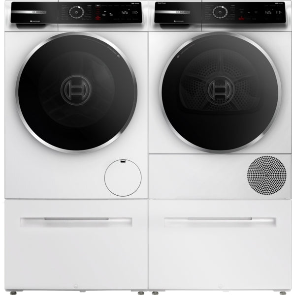 Front view of matching white front-load washer and heat pump dryer set with black circular doors and digital control panels from Bosch collection