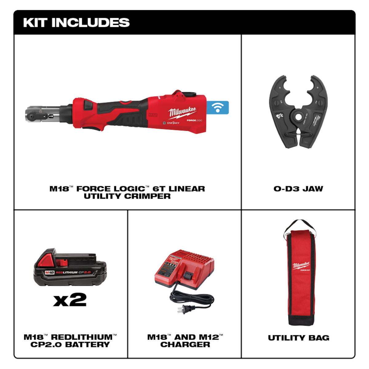Milwaukee M18™ FORCE LOGIC™ 6T Linear Utility Crimper Kit w/ O-D3 Jaw