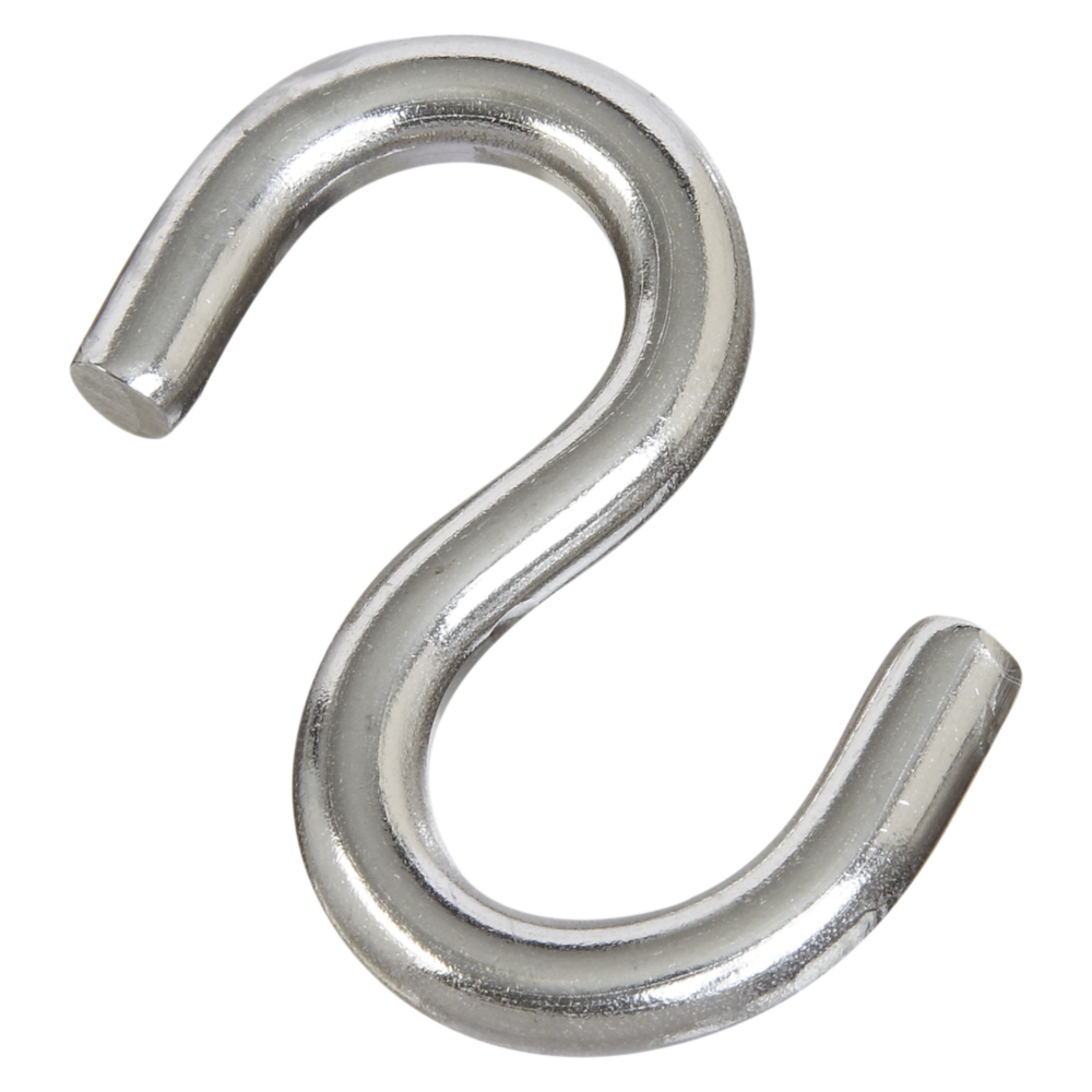 Stainless steel heavy-duty open S hook for hanging and securing in hardware and fasteners collections
