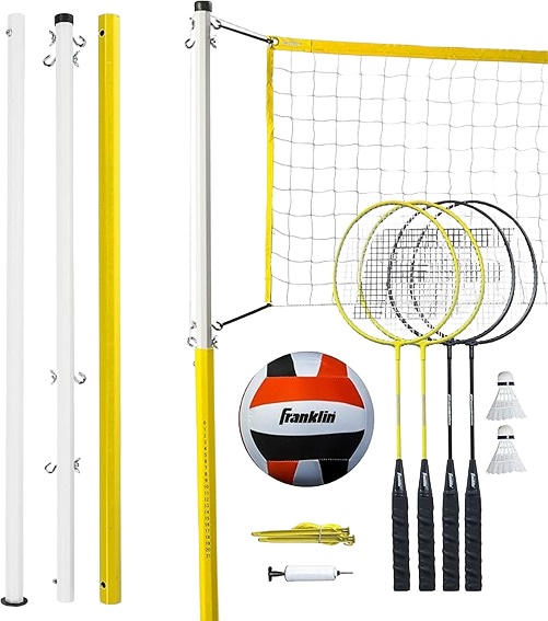 Yellow and white volleyball and badminton net set with rackets, shuttlecocks, ball, and stakes for outdoor games under $100