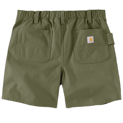 Olive green relaxed fit canvas shorts for women with back pockets and tool loop designed for durability and comfort
