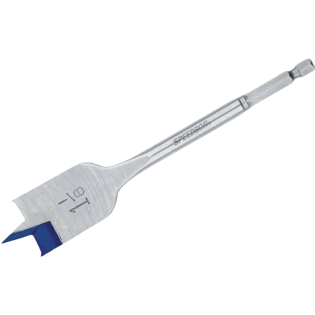 Silver spade drill bit with blue cutting edge designed for faster chip removal in tool accessories collection