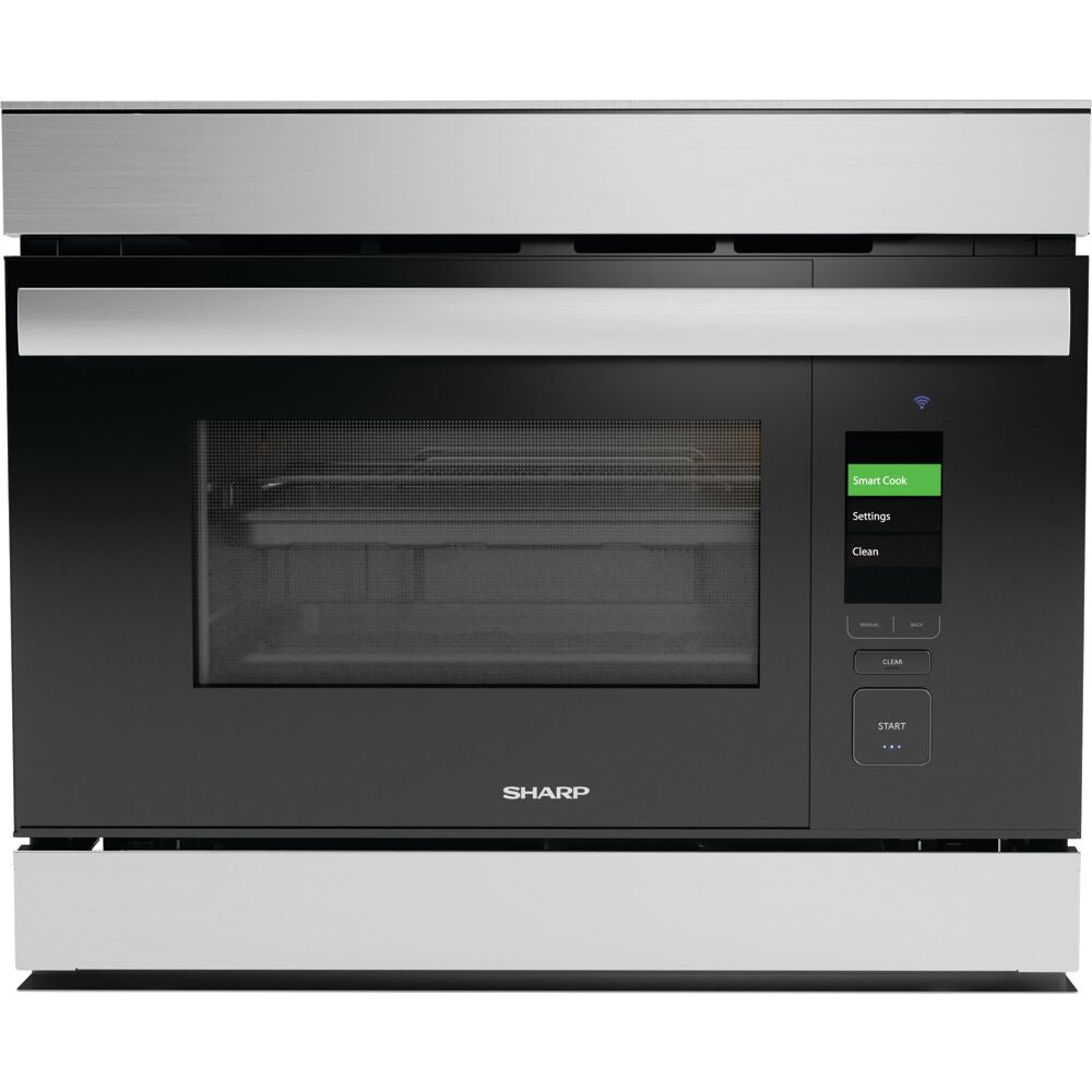 Front view of a stainless steel built-in wall oven with digital touchscreen and Wi-Fi connectivity from kitchen appliances collection