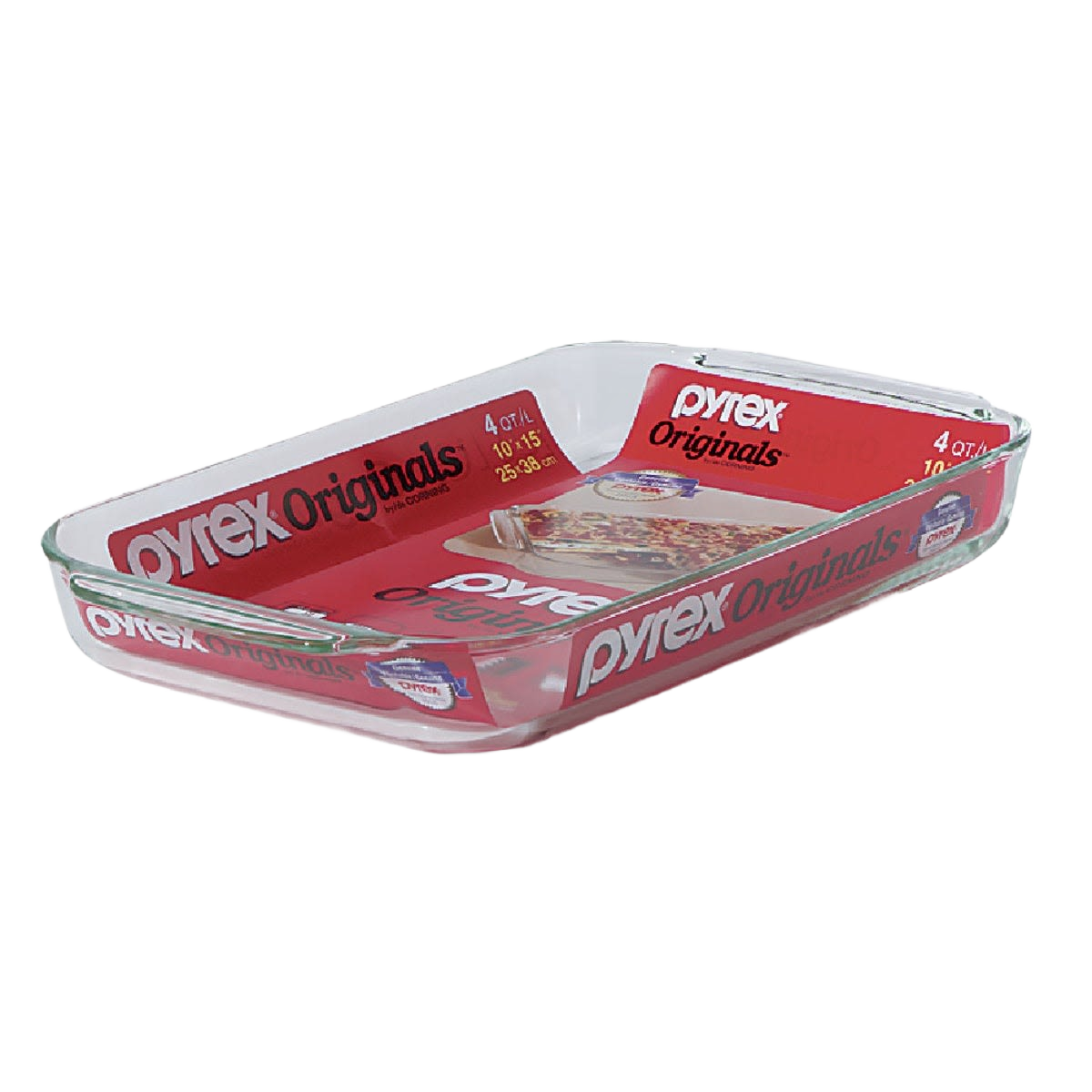 Clear glass rectangular baking dish with red Pyrex Originals label for kitchen and home use