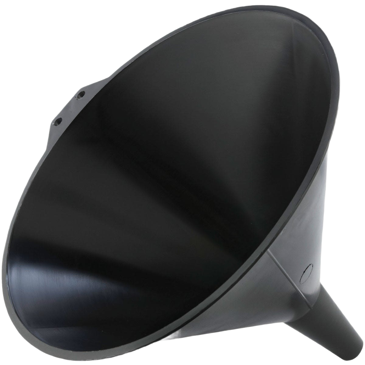 Black durable plastic funnel with wide mouth and narrow spout for automotive fluids and home improvement tools