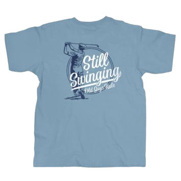Light blue men's shirt with vintage golfer illustration and "Still Swinging" text design on the back