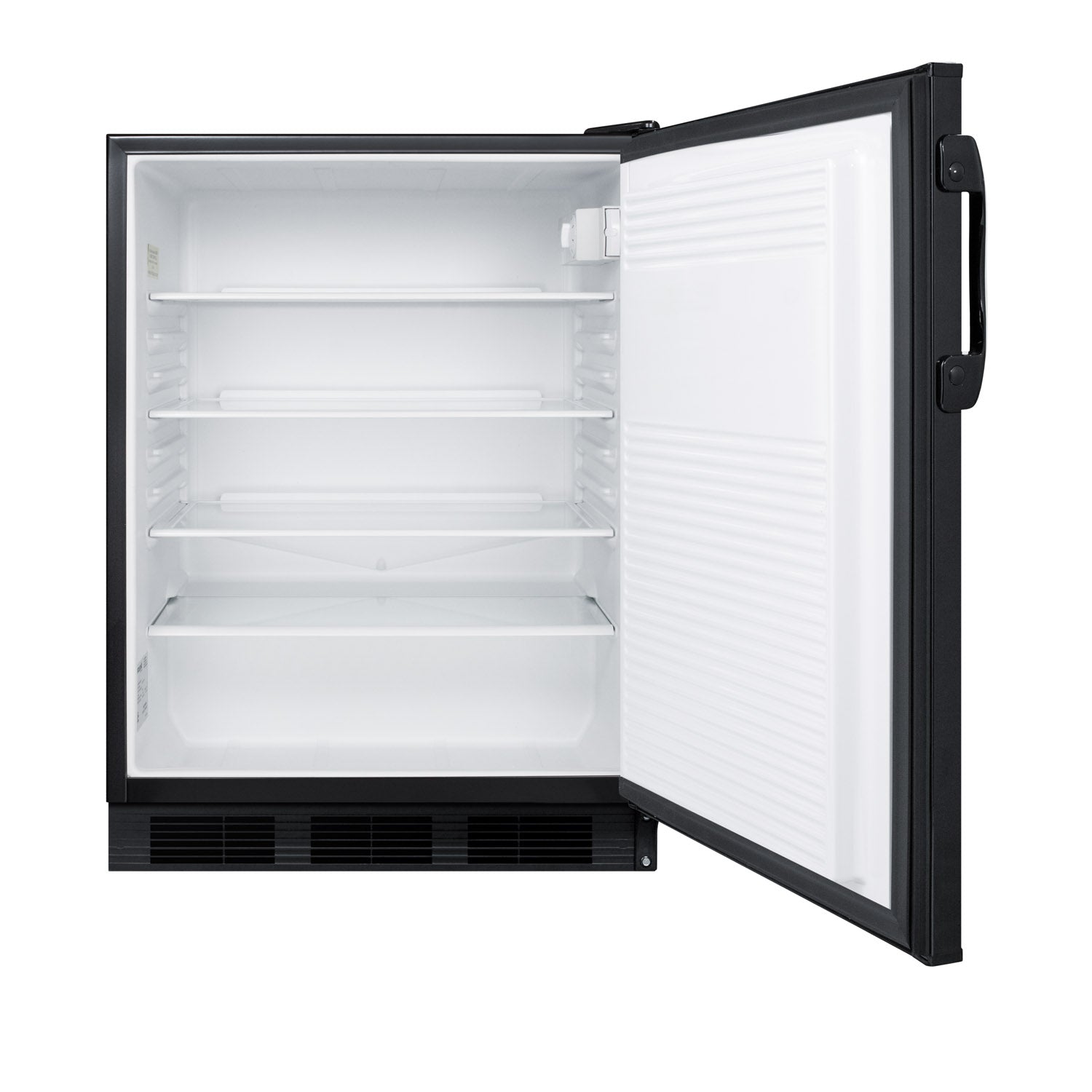 Built-in all-refrigerator with black exterior, multiple shelves, and clear drawer for commercial or kitchen use.