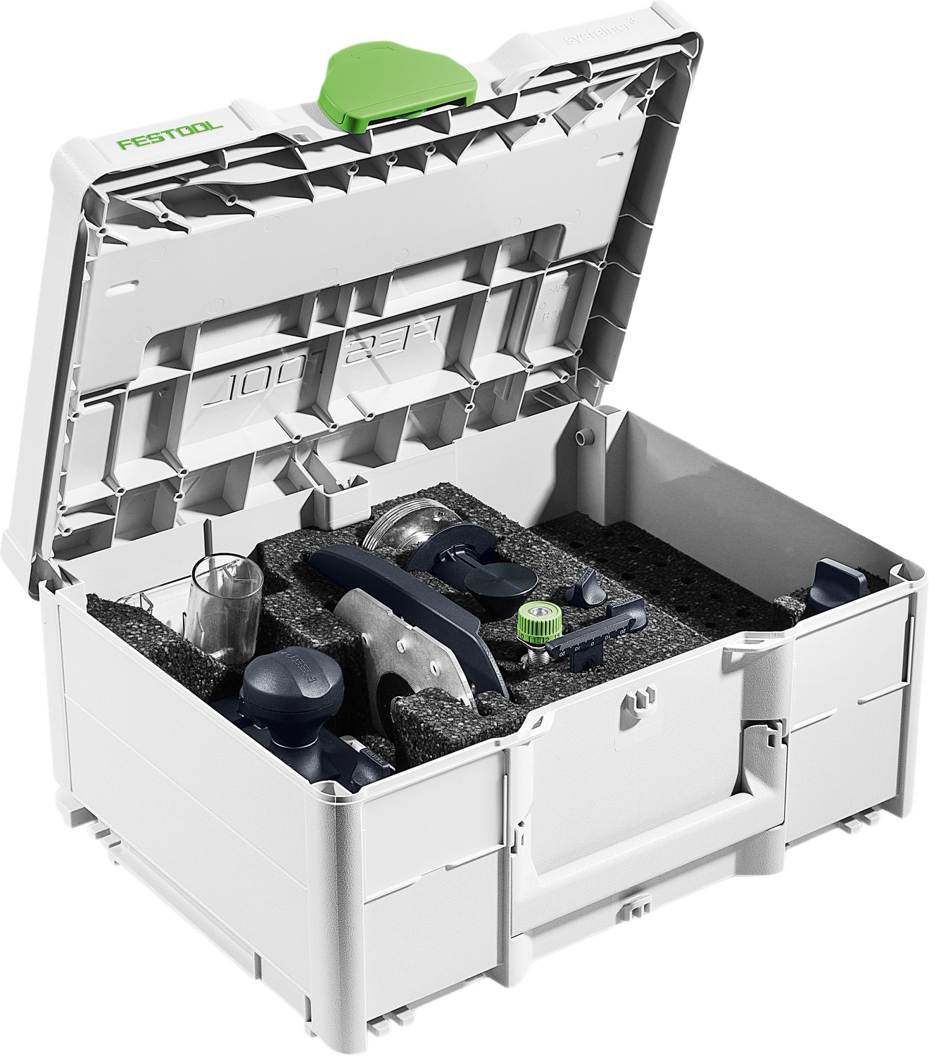 Compact grey and green router tool kit with organized foam insert for efficient home improvement storage and transport