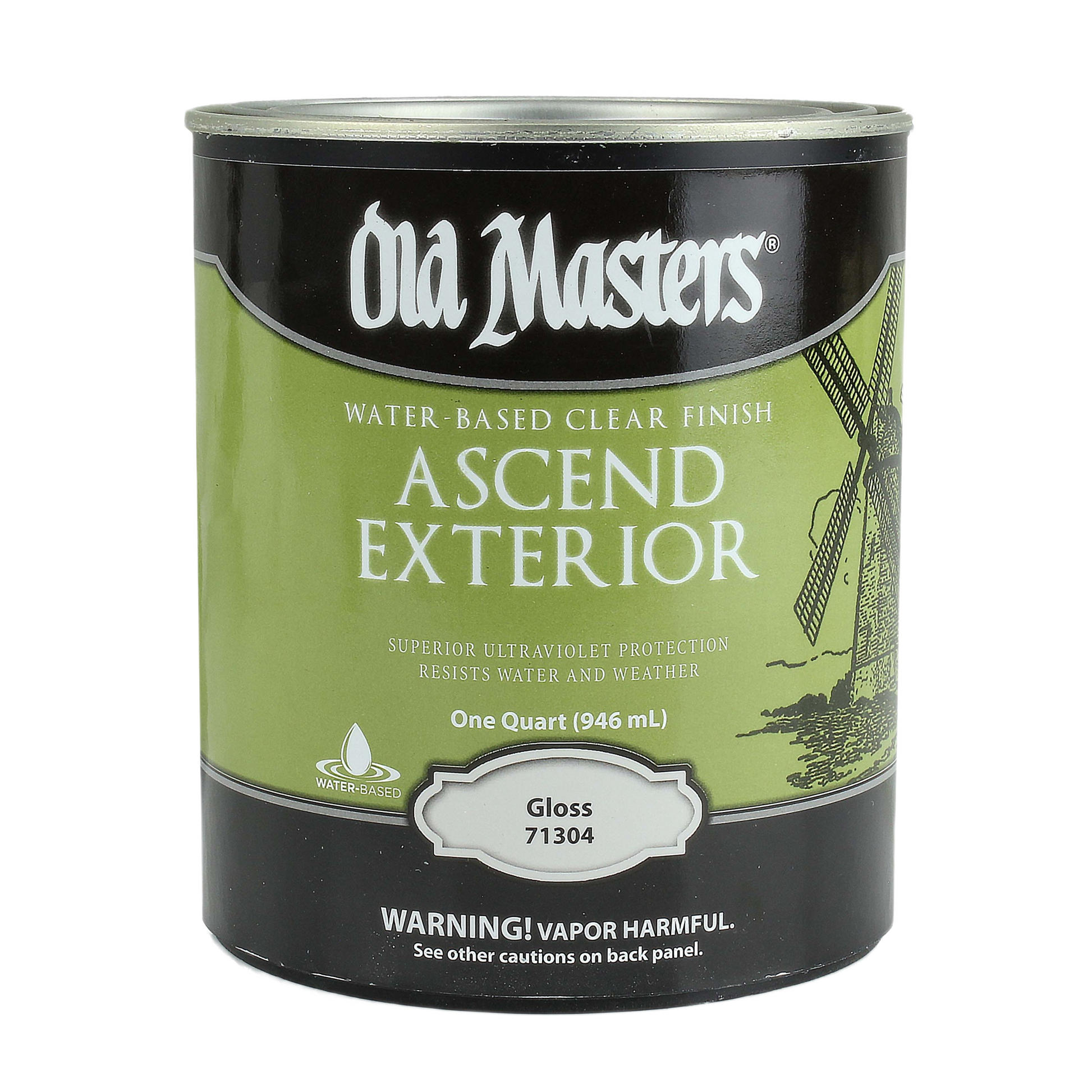 Quart container of Old Masters exterior water-based gloss clear finish for wood and outdoor surfaces