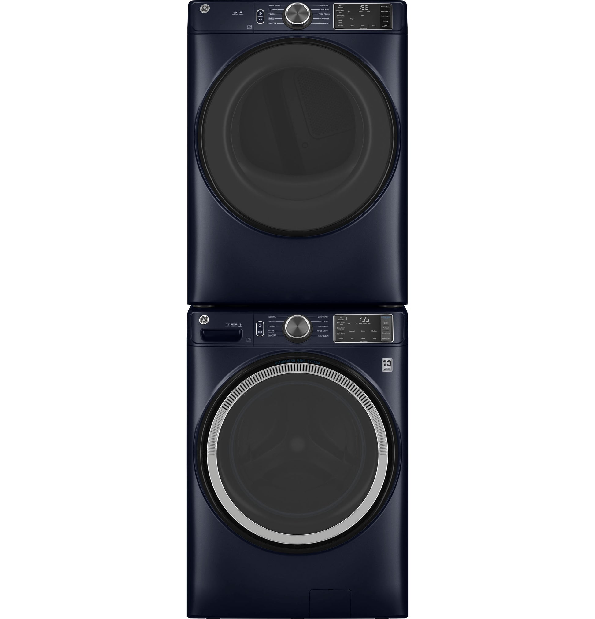 Stacked modern dark blue front load washer and gas dryer units with digital controls from appliances and washers & dryers collection